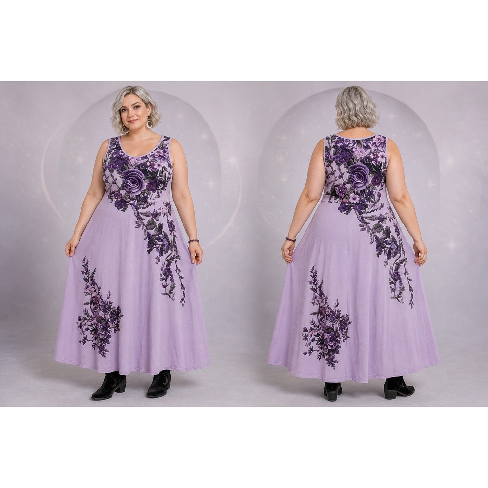 Whimsigoth Boho Cottagecore Purple Roses Floral Lavender V-Neck XL Maxi Dress